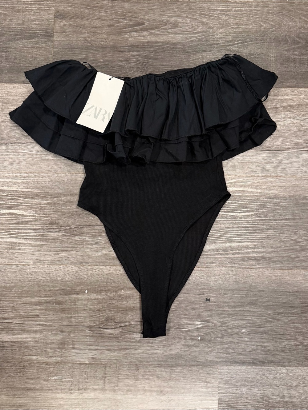 Zara Women's Black Off Shoulder Ruffled Bodysuit Size M NWT